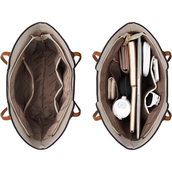 Women Beige With Brown Imported Vegan Leather Medium Top Handle Satchel Tote Bag - Picture 5 of 6